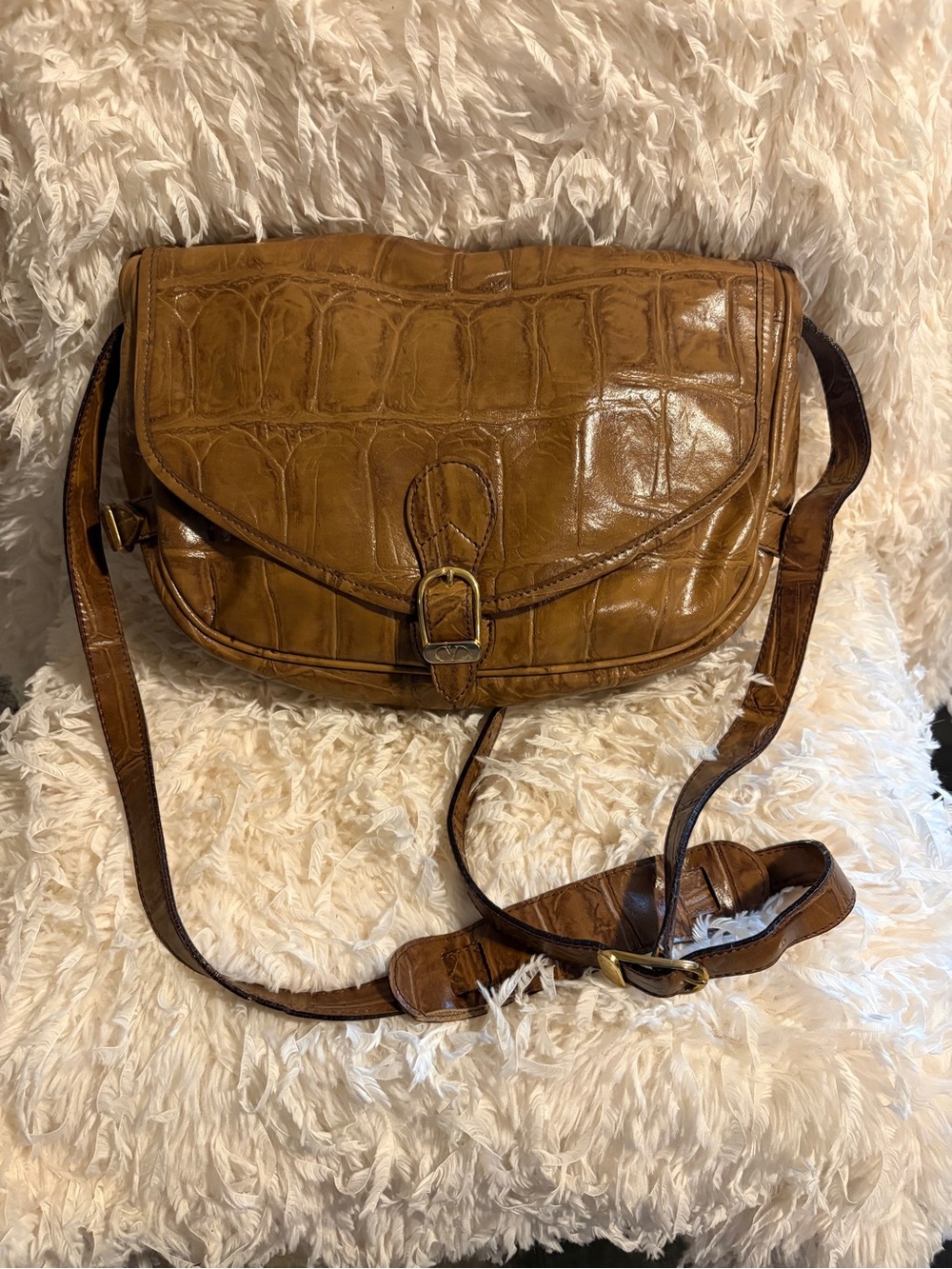 Valentino Garavani  Croc-Embossed Leather Crossbody Saddle Bag